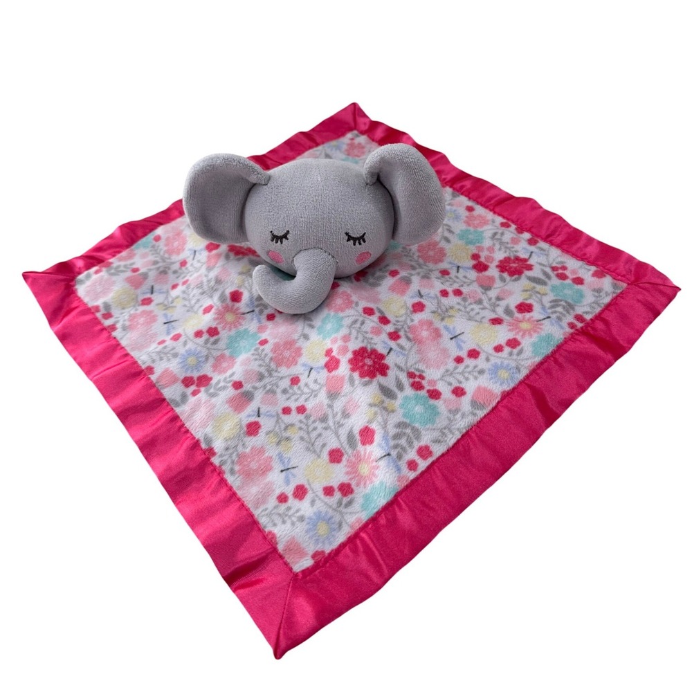 Parents Choice Elephant Security Blanket Pink Floral Satin Trim Lovey
